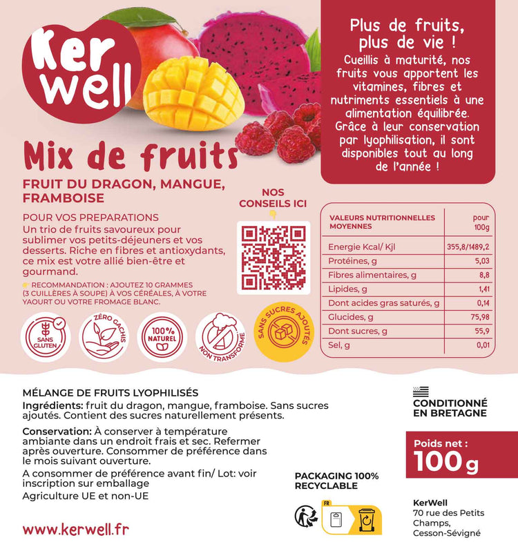 MIX DE FRUITS - Framboise · Mangue · Fruit du dragon - 100g